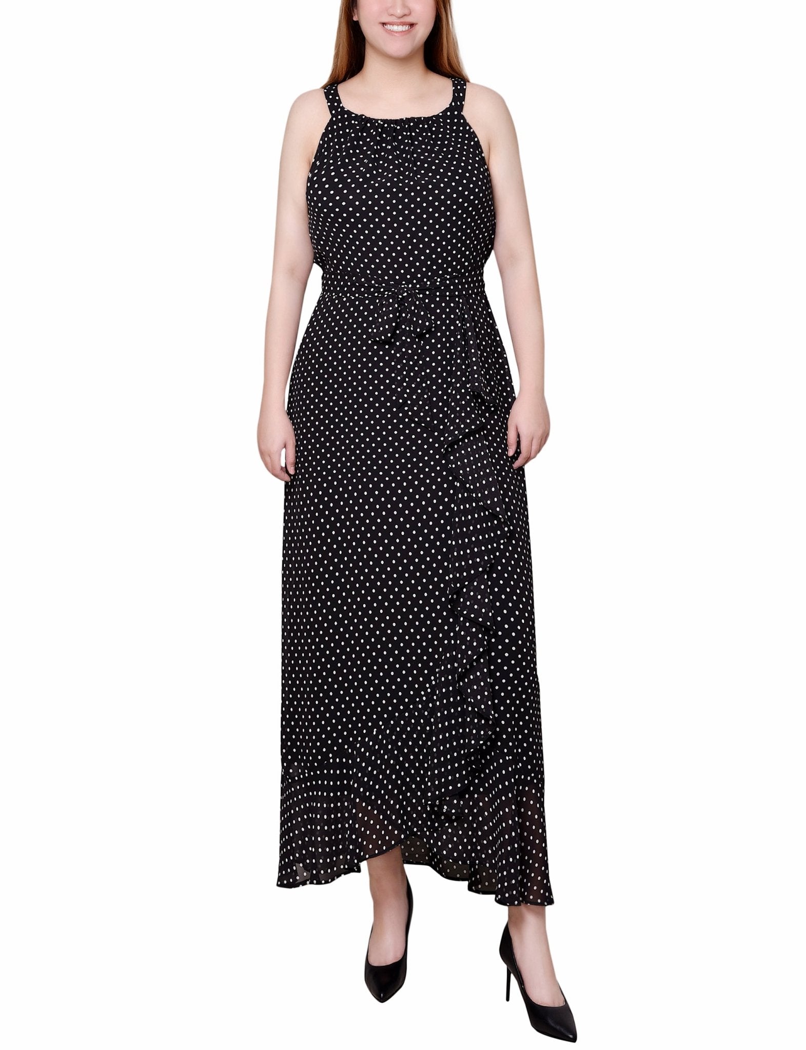 Black Ivory Dot Halter Front Chiffon Maxi Dress - Petite - DressbarnMaxi Dresses