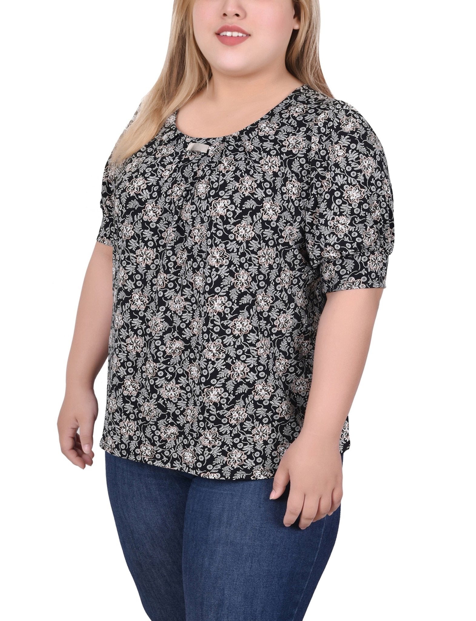 Black Ivory Taupe Floral Short Sleeve Balloon Sleeve Top With Hardware - Plus - DressbarnBlouses