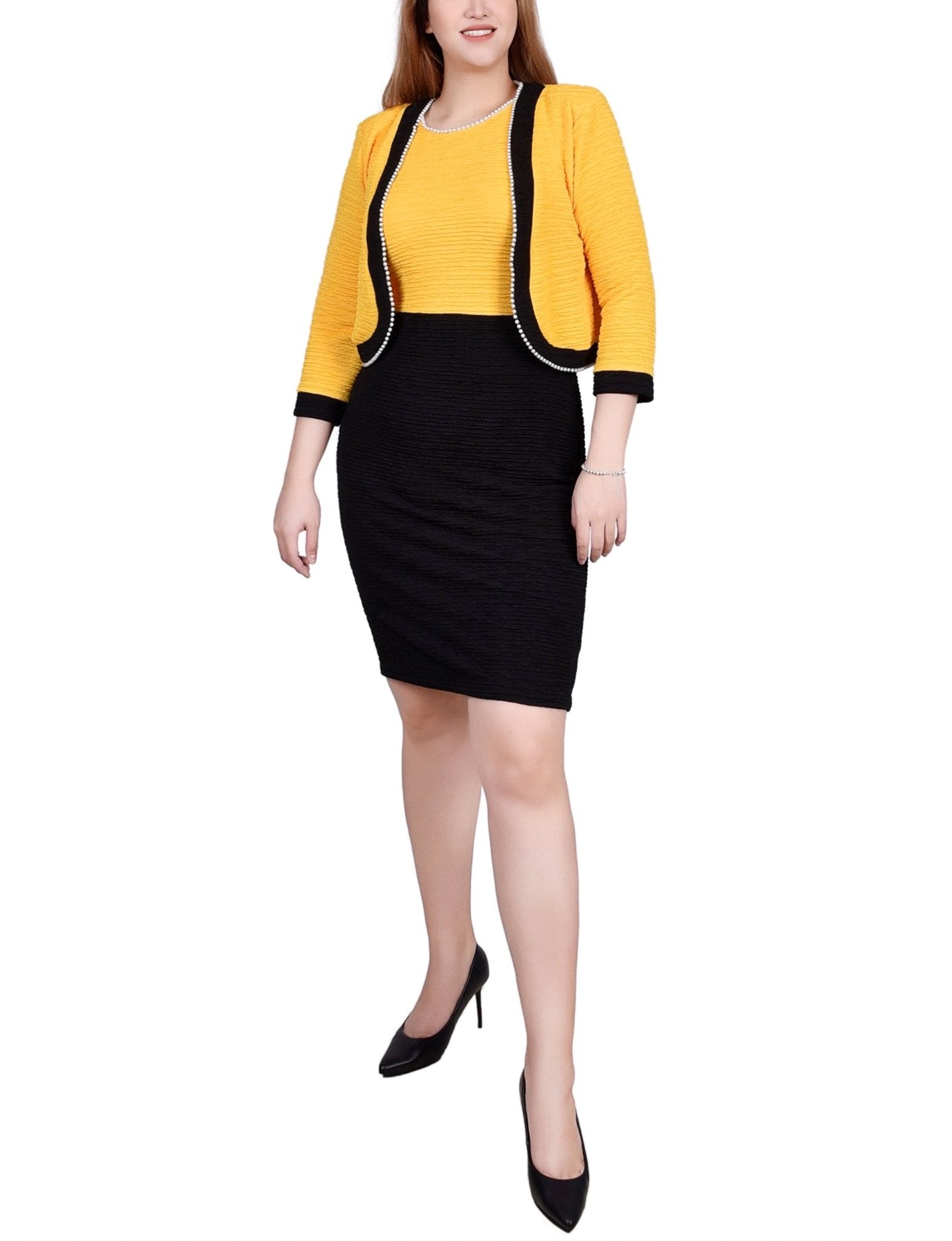 Black Lemon 3/4 Sleeve Textured Knit 2 Piece Dress Set Black Lemon 3/4 Sleeve Textured Knit 2 Piece Dress Set