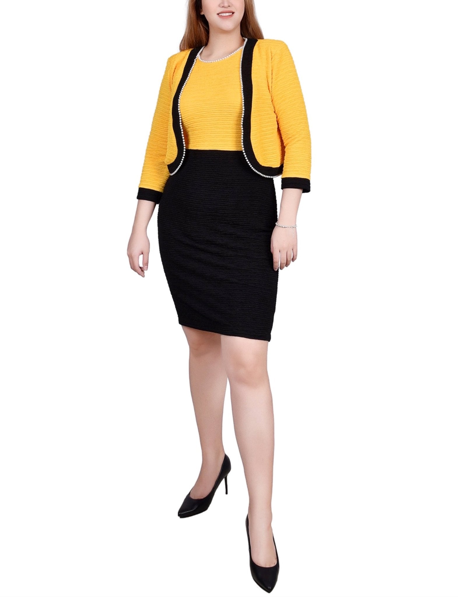 Petite 3/4 Sleeve Textured Knit 2 Piece Dress Set Black Lemon / 6P Petite 3/4 Sleeve Textured Knit 2 Piece Dress Set Black Lemon / 6P