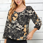 Black & Orange 3/4 Sleeve Scoop Neck Bubble Blouse - DressbarnShirts & Blouses