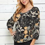 Black & Orange 3/4 Sleeve Scoop Neck Bubble Blouse - DressbarnShirts & Blouses