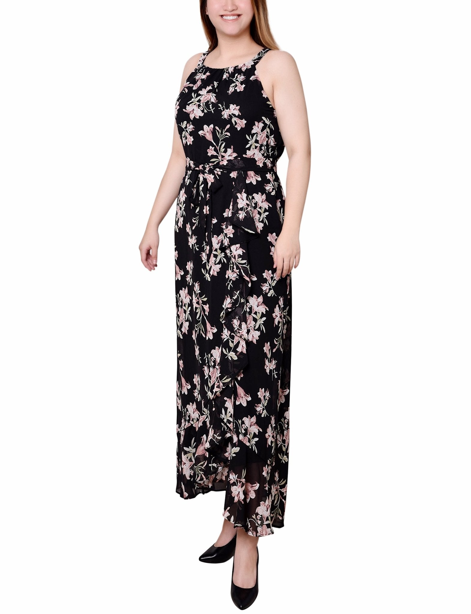 Petite Halter Front Chiffon Maxi Dress Black Pink / PXL Petite Halter Front Chiffon Maxi Dress Black Pink / PXL