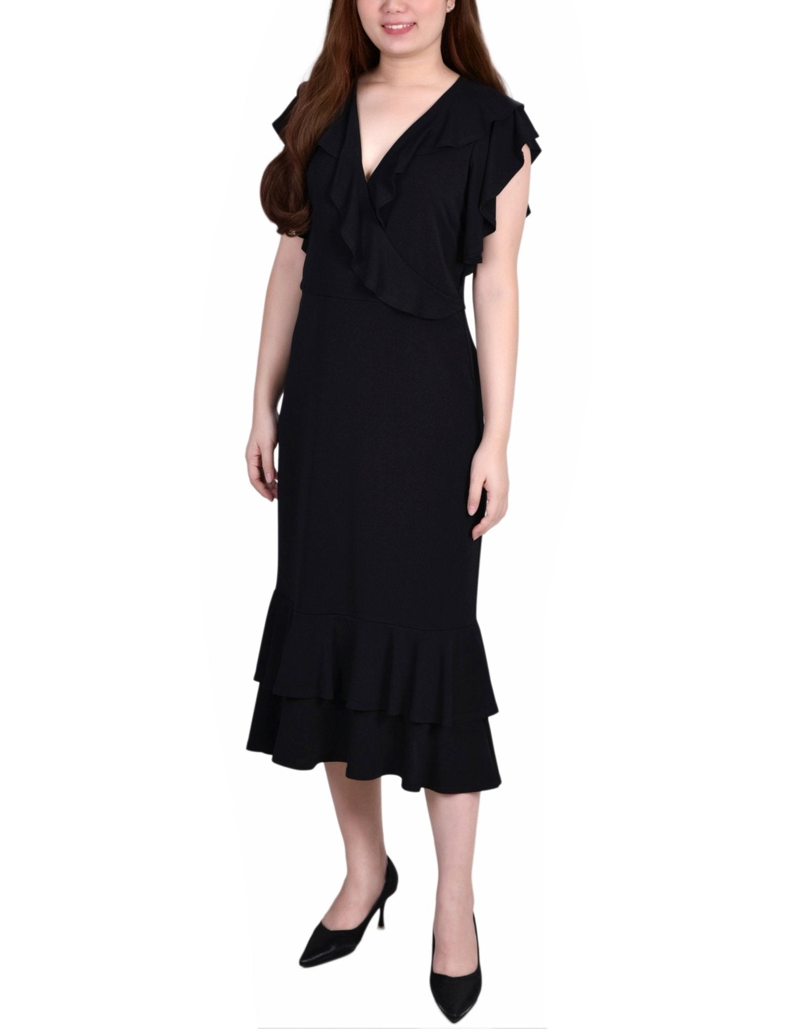 Black Short flutter Sleeve Ruffle Neck Dress - Petite - DressbarnKnee Length & Midi Dresses