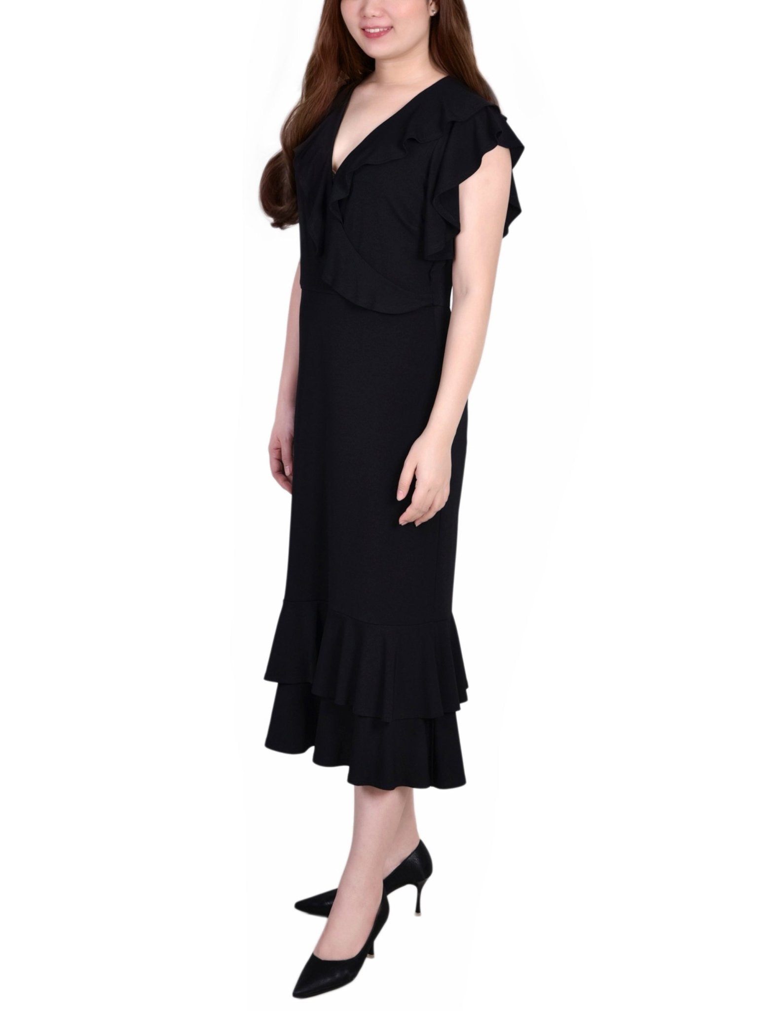 Black Short flutter Sleeve Ruffle Neck Dress - Petite - DressbarnKnee Length & Midi Dresses