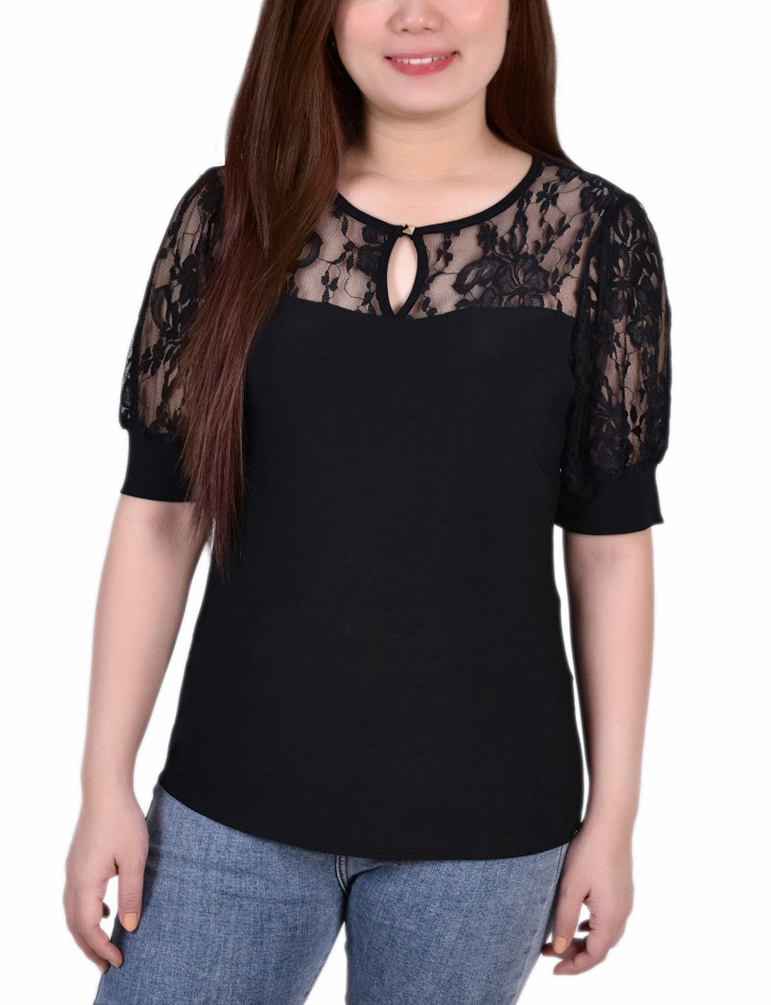 Black Short Puff Sleeve Top With Lace Sleeves And Yoke - DressbarnBlouses