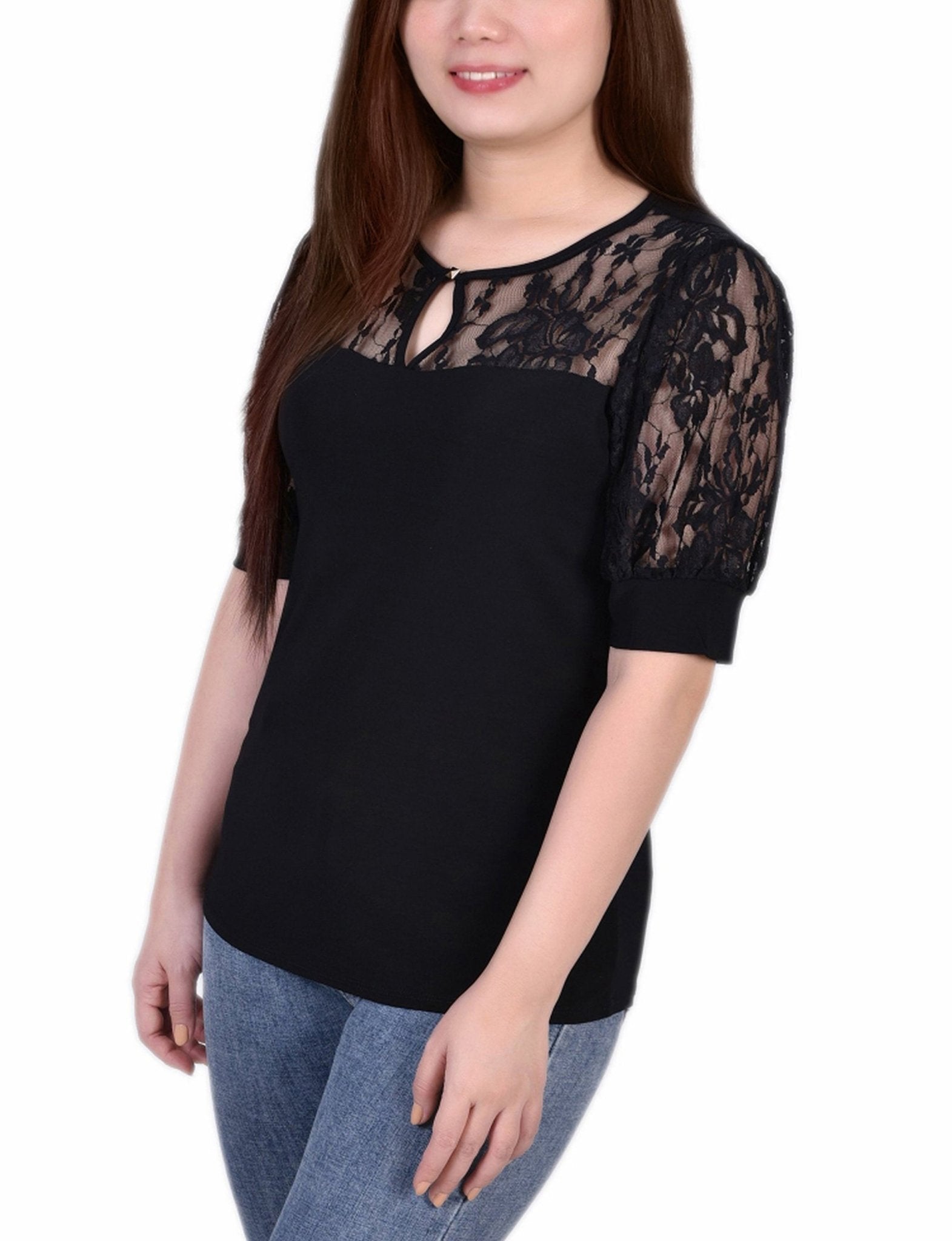 Black Short Puff Sleeve Top With Lace Sleeves And Yoke - Petite - DressbarnBlouses