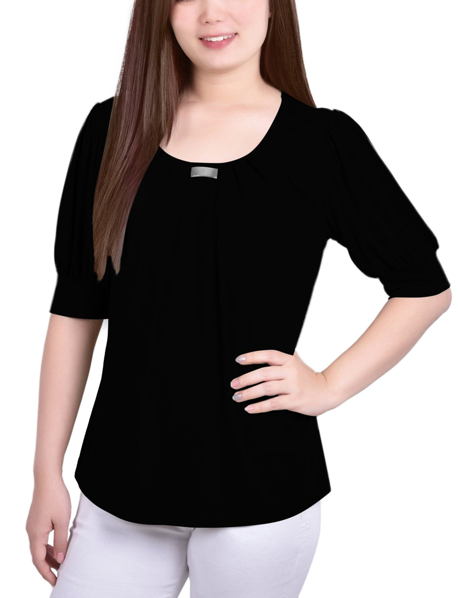 Black Short Sleeve Balloon Sleeve Top With Hardware - DressbarnBlouses