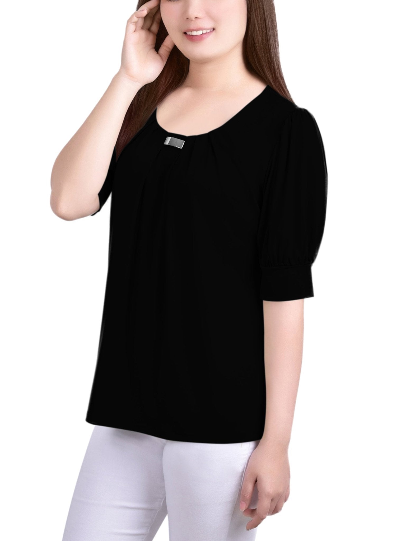Black Short Sleeve Balloon Sleeve Top With Hardware - DressbarnBlouses