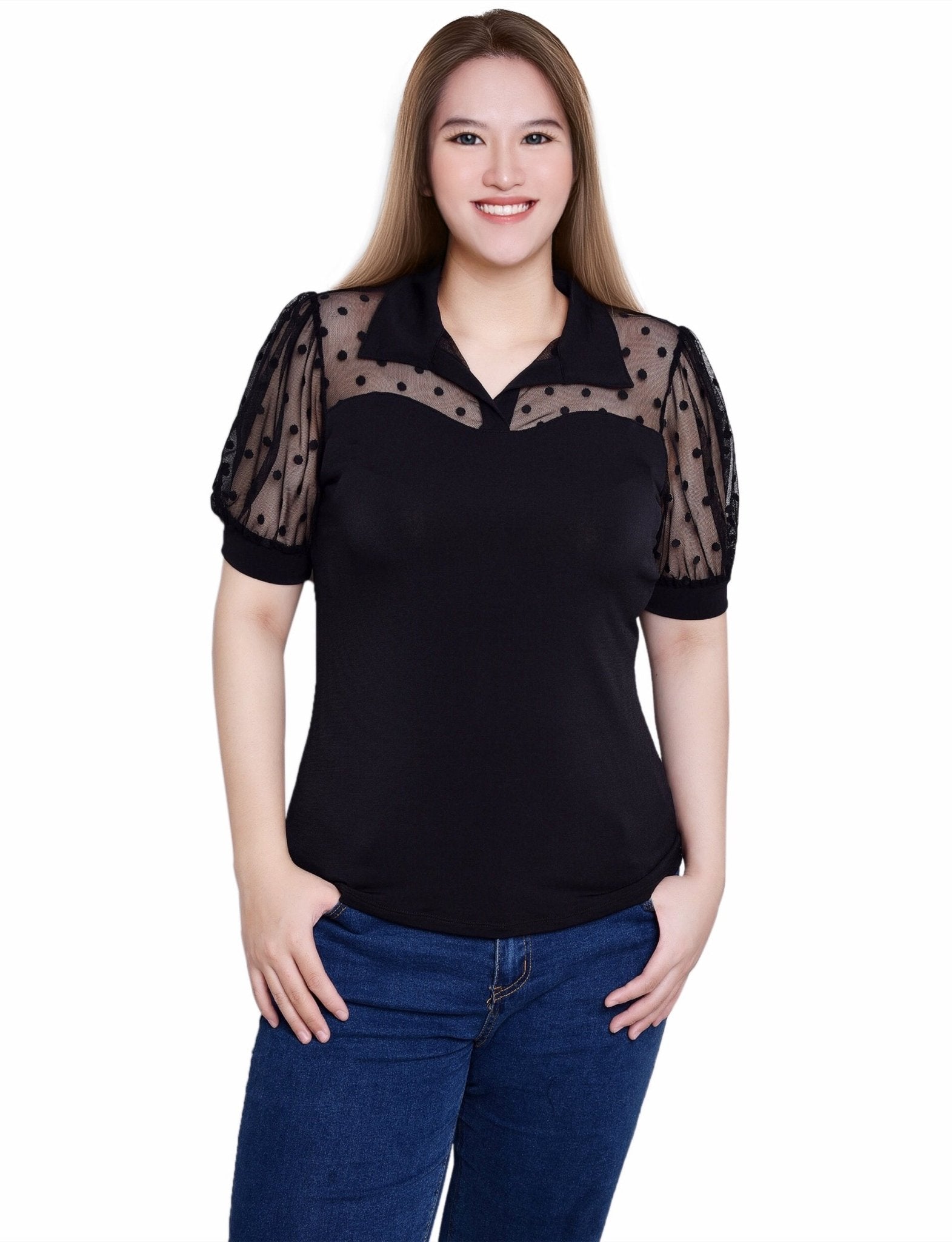 Black Short Sleeve Top With Dotted Mesh - Petite - DressbarnBlouses