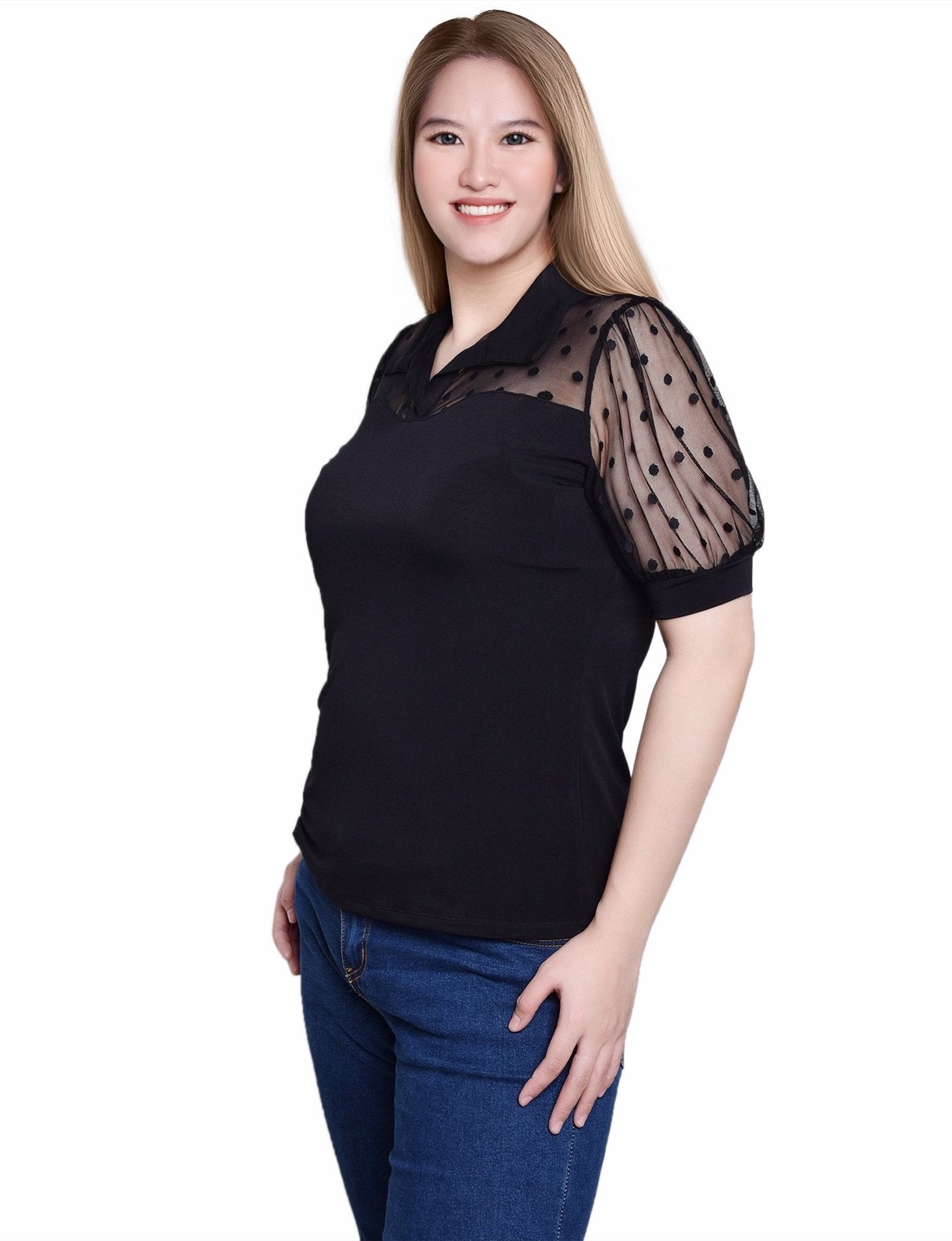 Black Short Sleeve Top With Dotted Mesh - Petite - DressbarnBlouses