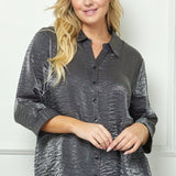 Black & Silver 3/4 Notch Sleeve Johnny Collar Button Front Top - Plus - DressbarnShirts & Blouses