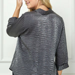 Black & Silver 3/4 Notch Sleeve Johnny Collar Button Front Top - Plus - DressbarnShirts & Blouses