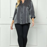 Black & Silver 3/4 Notch Sleeve Johnny Collar Button Front Top - Plus - DressbarnShirts & Blouses