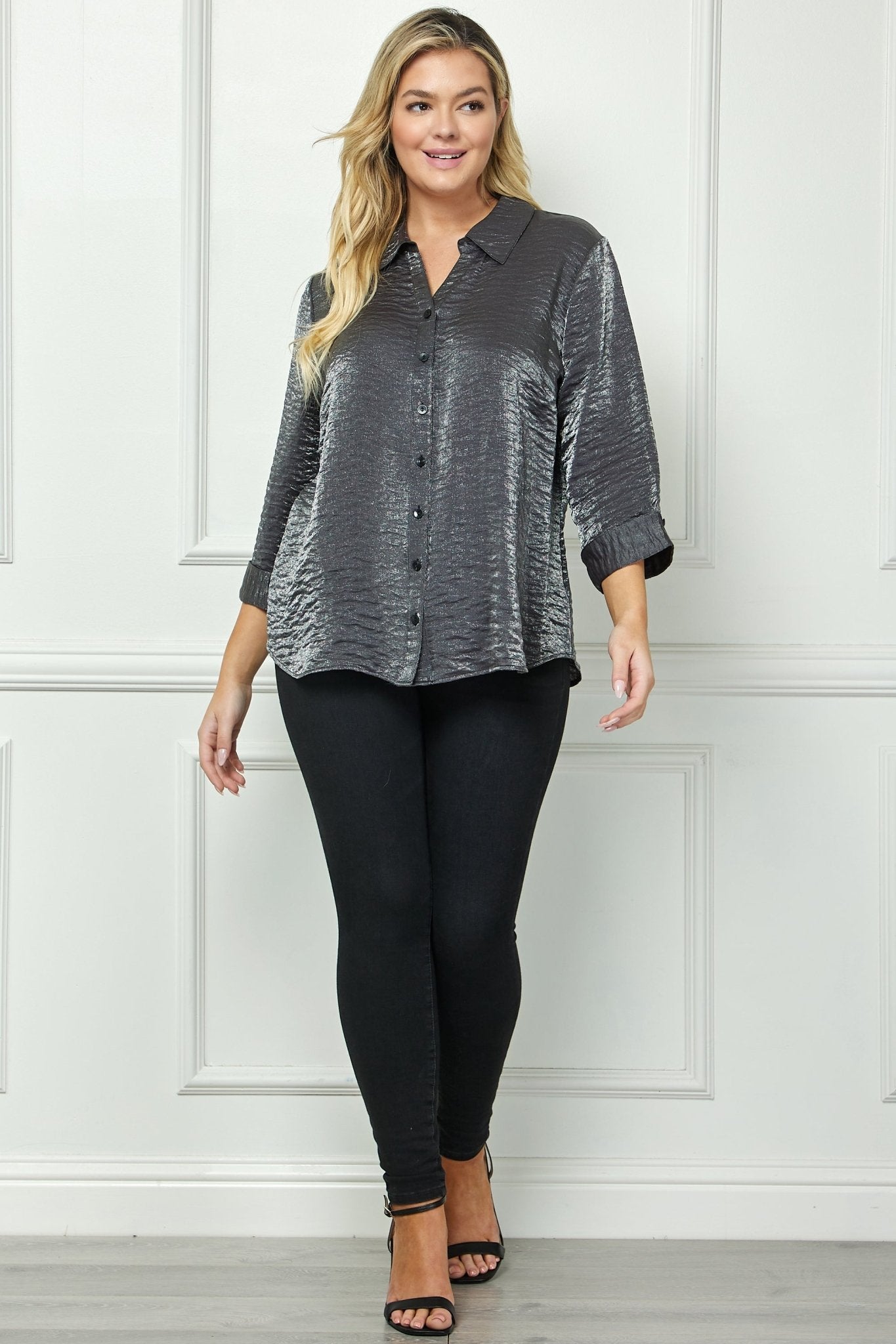 Black & Silver 3/4 Notch Sleeve Johnny Collar Button Front Top - Plus - DressbarnShirts & Blouses