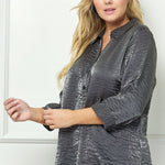 Black & Silver 3/4 Notch Sleeve Johnny Collar Button Front Top - Plus - DressbarnShirts & Blouses