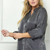 Black & Silver 3/4 Notch Sleeve Johnny Collar Button Front Top - Plus - DressbarnShirts & Blouses