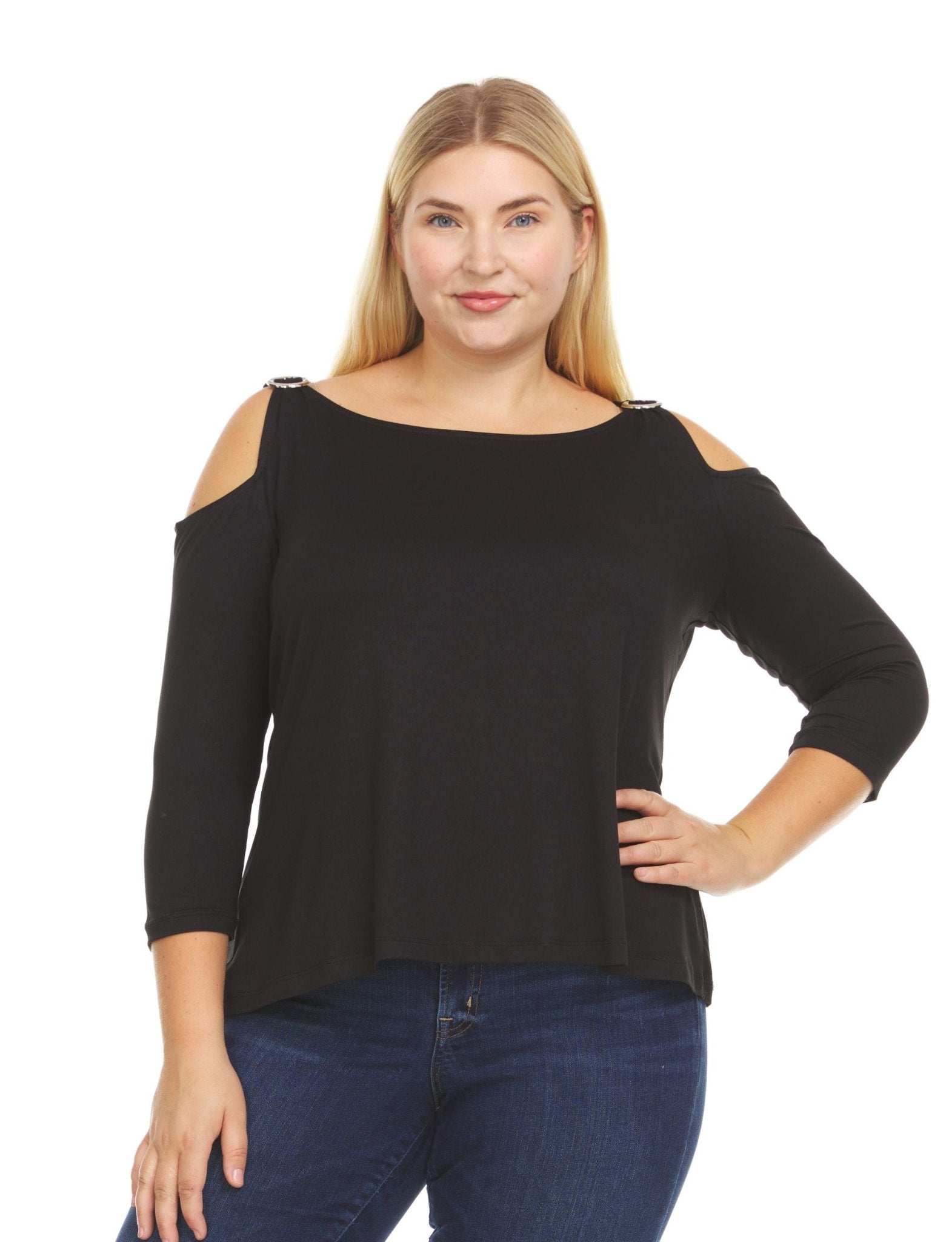 Black Three quarter sleeve cold shoulder top w/ silver hardware- plus ...