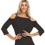 Black Three Quarter Sleeve Cold Shoulder Top With Shoulder Strap Grommet - DressbarnShirts & Blouses