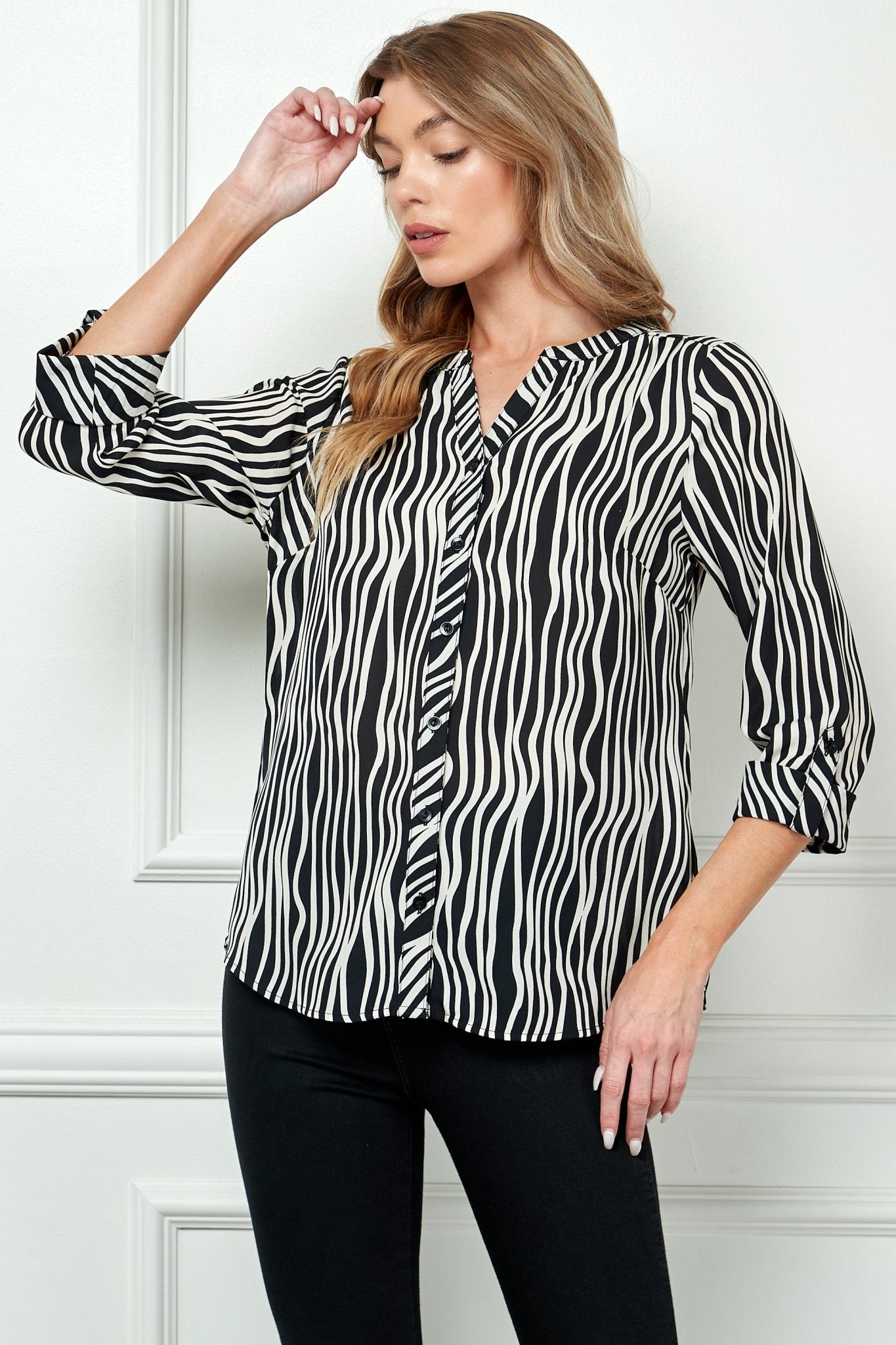 Black & White 3/4 Sleeve Button Front Top - DressbarnShirts & Blouses