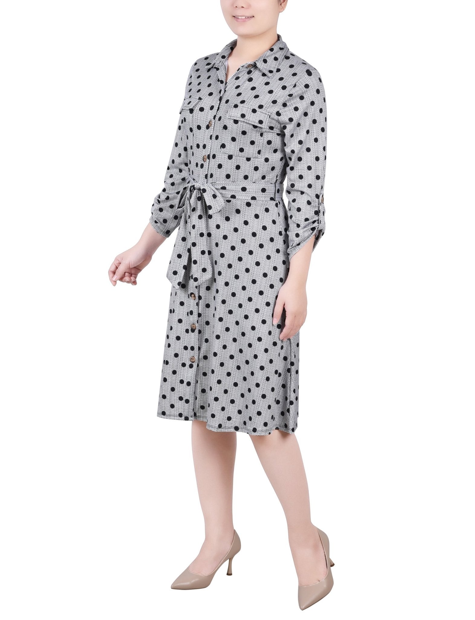 Black White Abstract Dot 3/4 Slv Roll Tab Shirtdress - Petite - DressbarnKnee Length & Midi Dresses