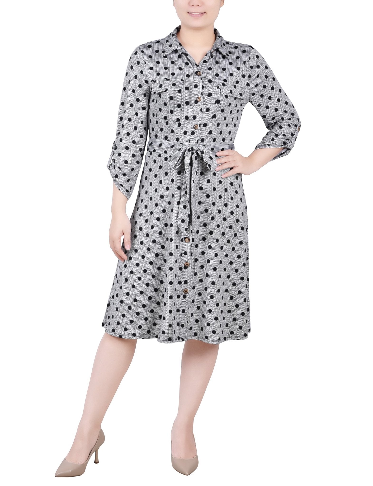 Black White Abstract Dot 3/4 Slv Roll Tab Shirtdress - Petite - DressbarnKnee Length & Midi Dresses