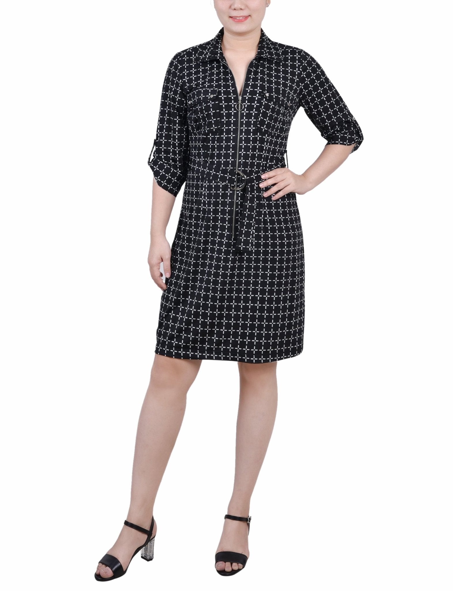 Black White Gridview Belted Roll Tab Zip Front Shirtdress - Petite - DressbarnKnee Length & Midi Dresses