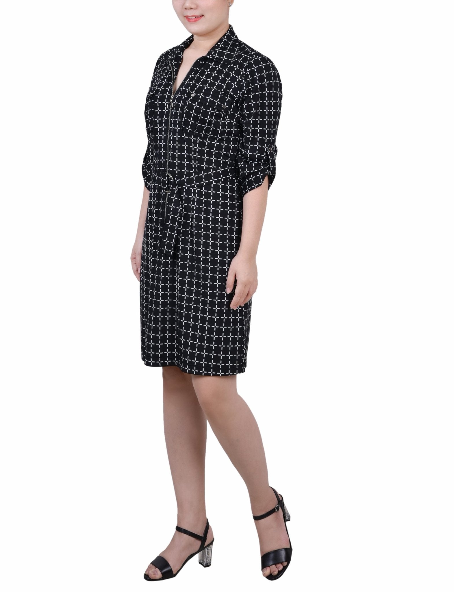 Black White Gridview Belted Roll Tab Zip Front Shirtdress - Petite - DressbarnKnee Length & Midi Dresses