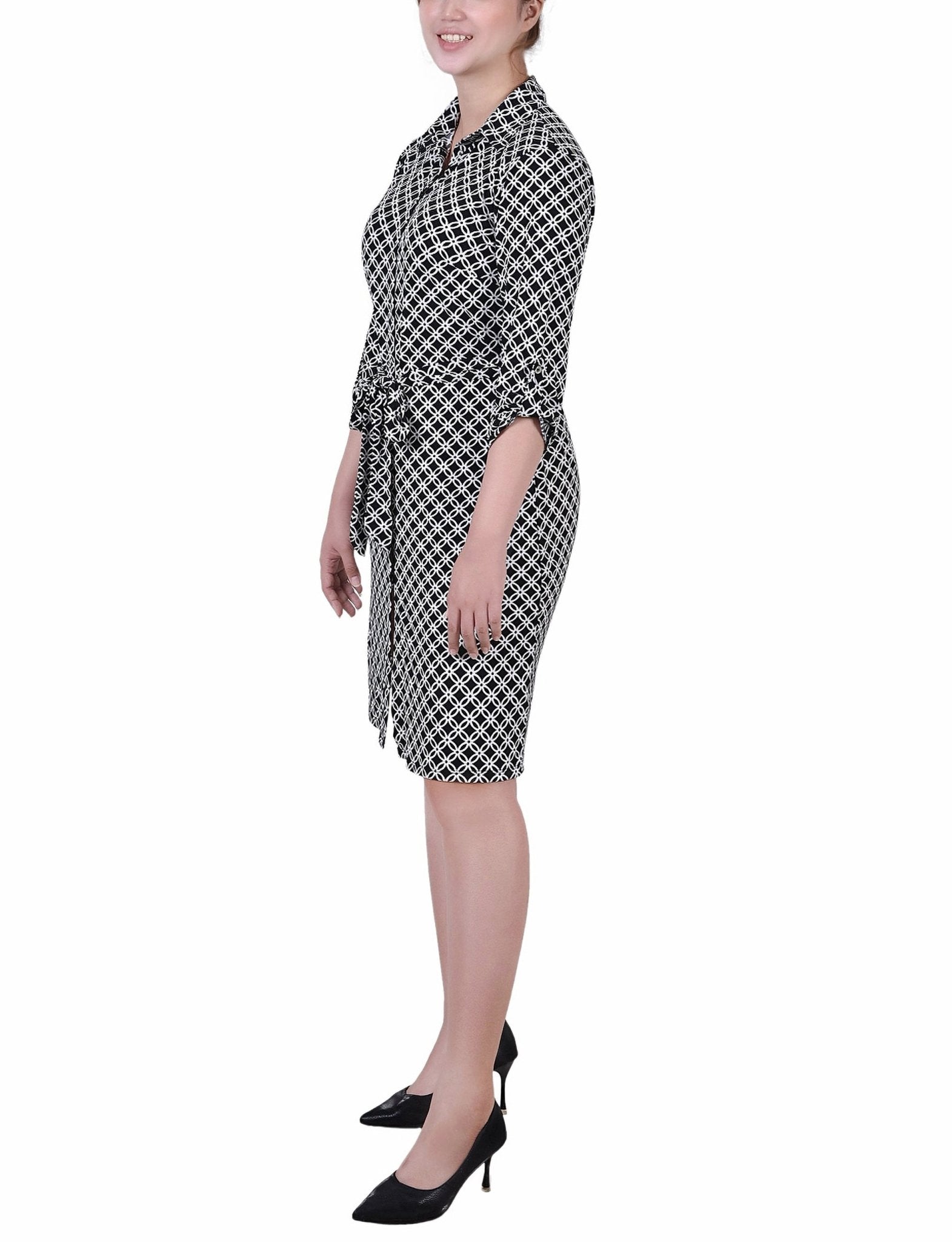 Black White Iconic 3/4 Roll Tab Sleeve Belted Shirtdress - Petite - DressbarnKnee Length & Midi Dresses
