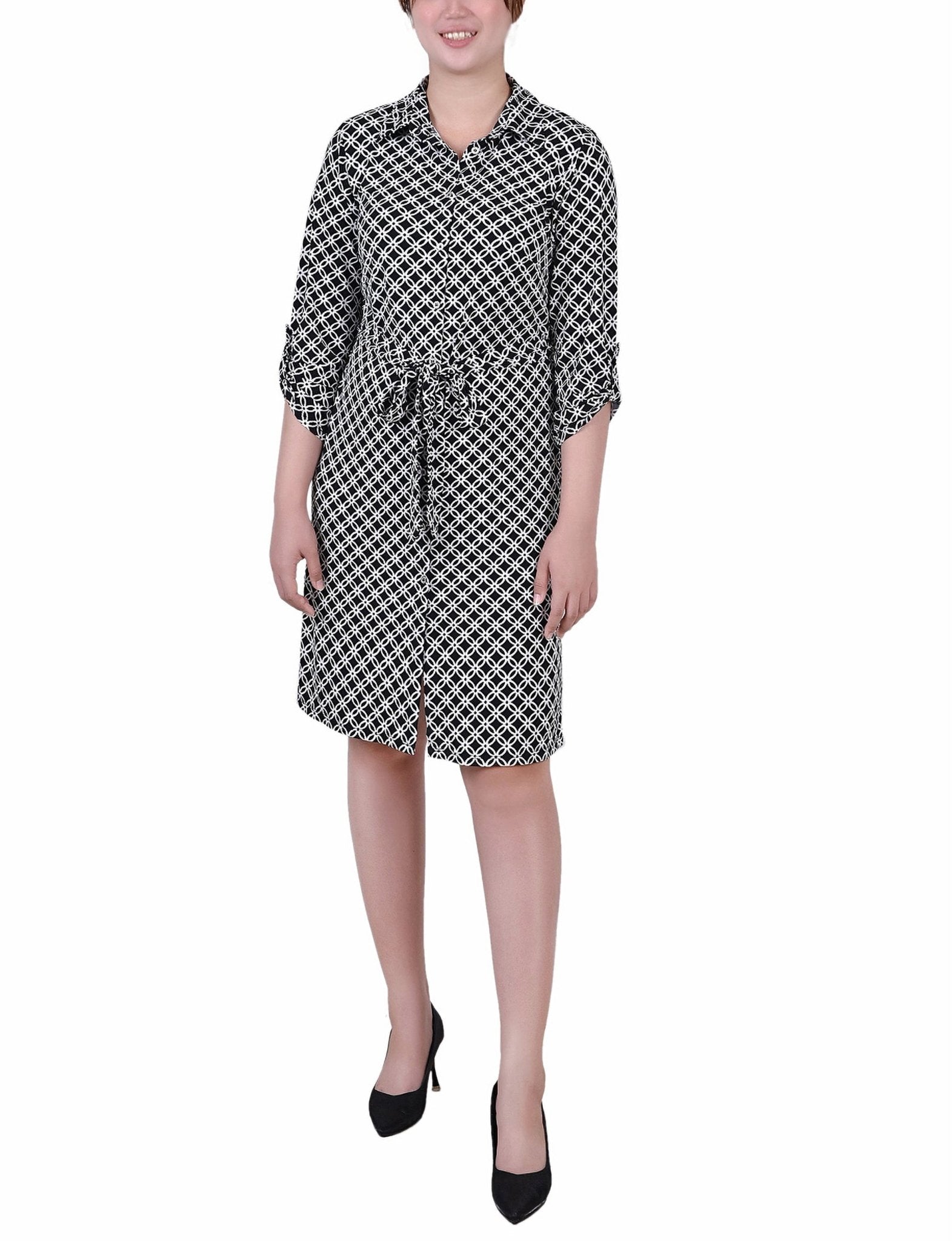 Black White Iconic 3/4 Roll Tab Sleeve Belted Shirtdress - Petite - DressbarnKnee Length & Midi Dresses