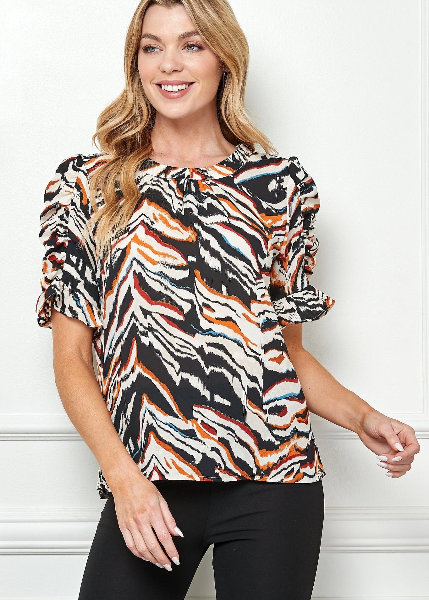 Black & White Tiger Rouche Sleeve Blouse - DressbarnShirts & Blouses