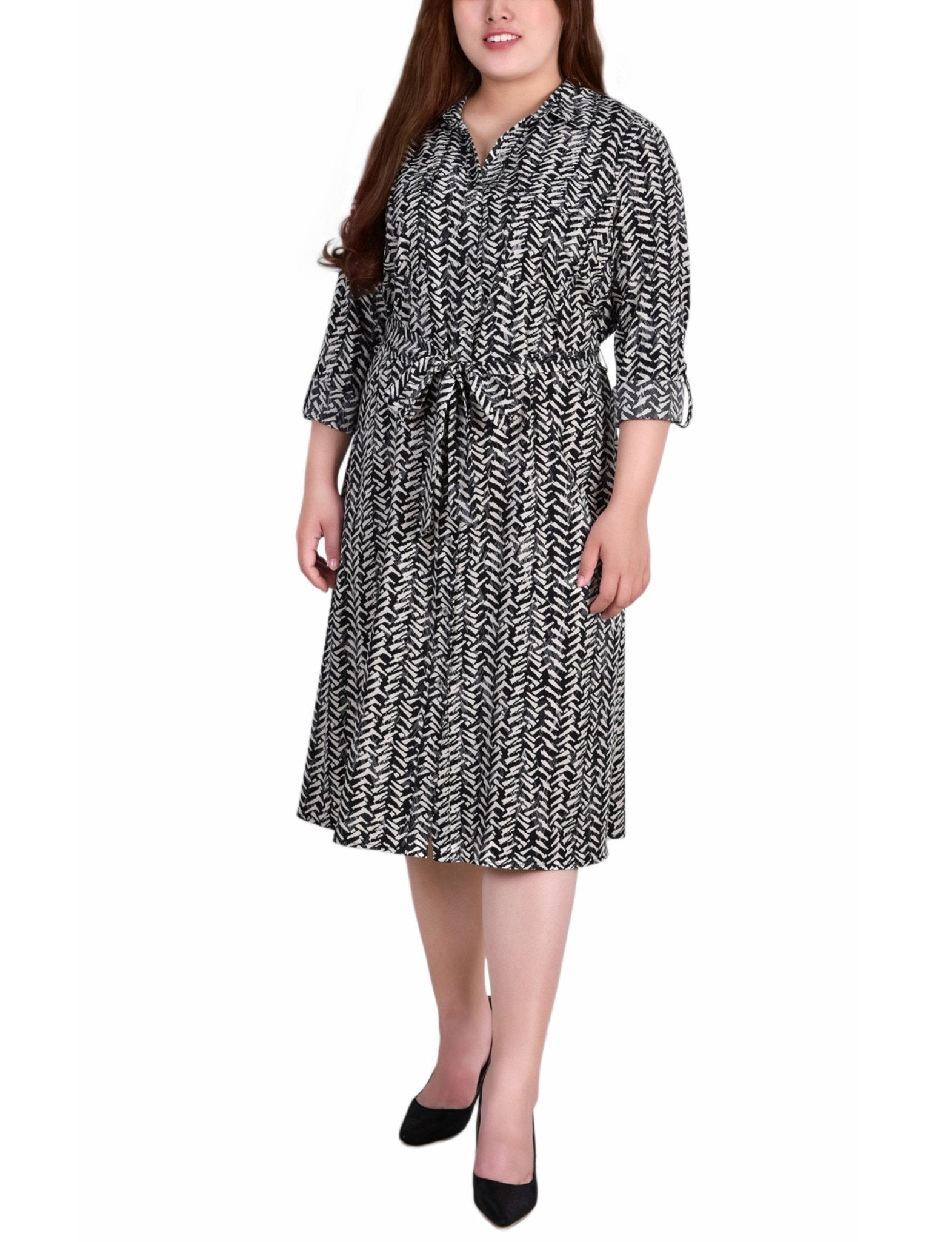 Black White Zig Zag 3/4 Roll Tab Sleeve Belted Shirtdress - Plus - DressbarnKnee Length & Midi Dresses