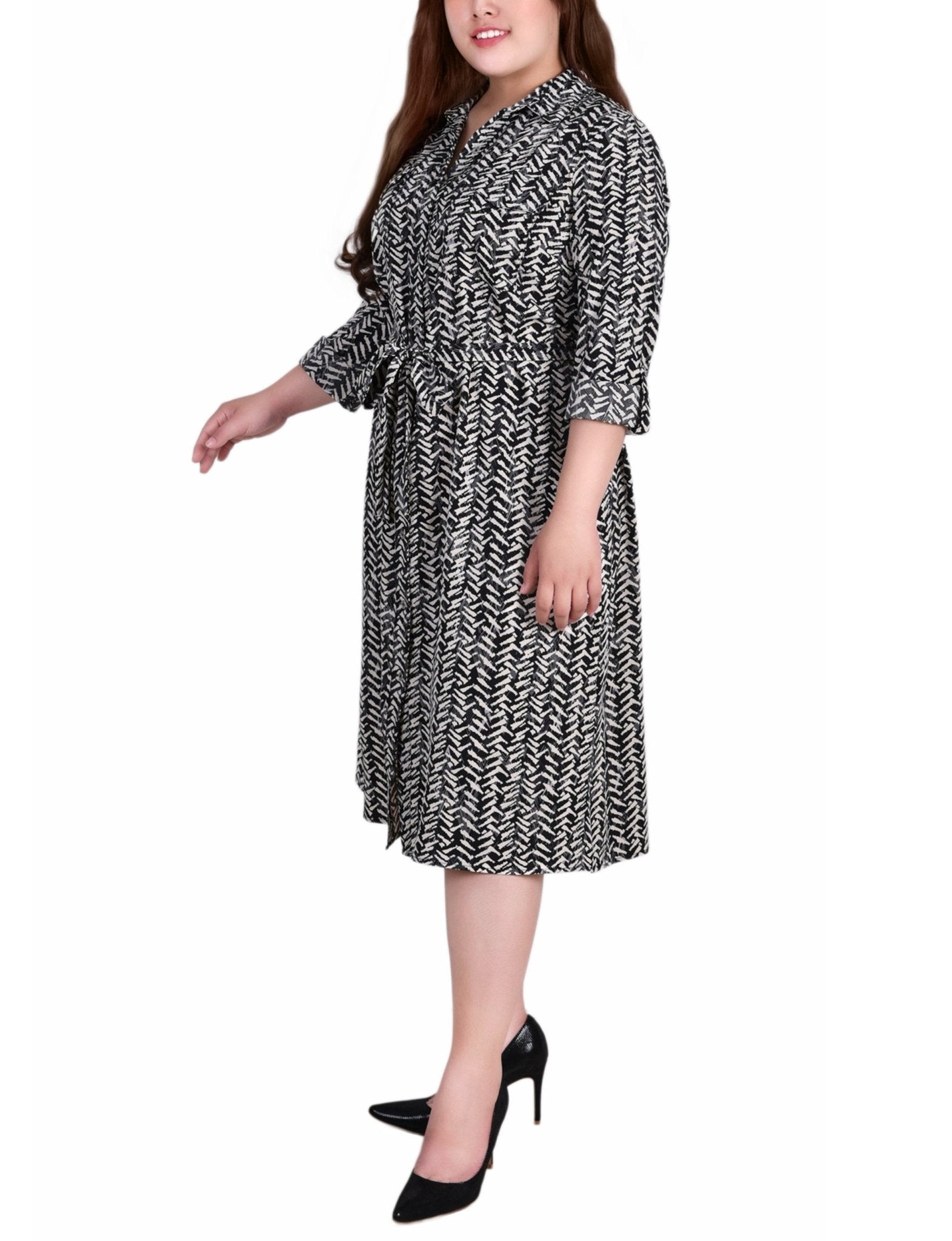 Black White Zig Zag 3/4 Roll Tab Sleeve Belted Shirtdress - Plus - DressbarnKnee Length & Midi Dresses