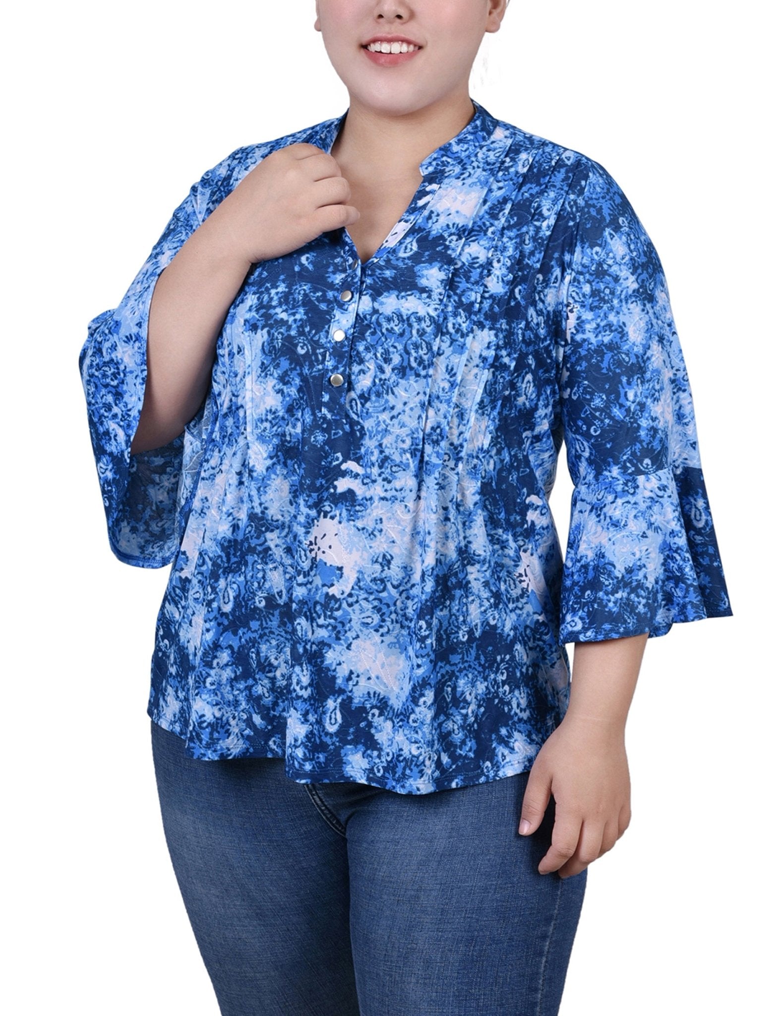 Blue Flower 3/4 Bell Sleeve Pleat Front Y Neck Top - Plus - DressbarnBlouses
