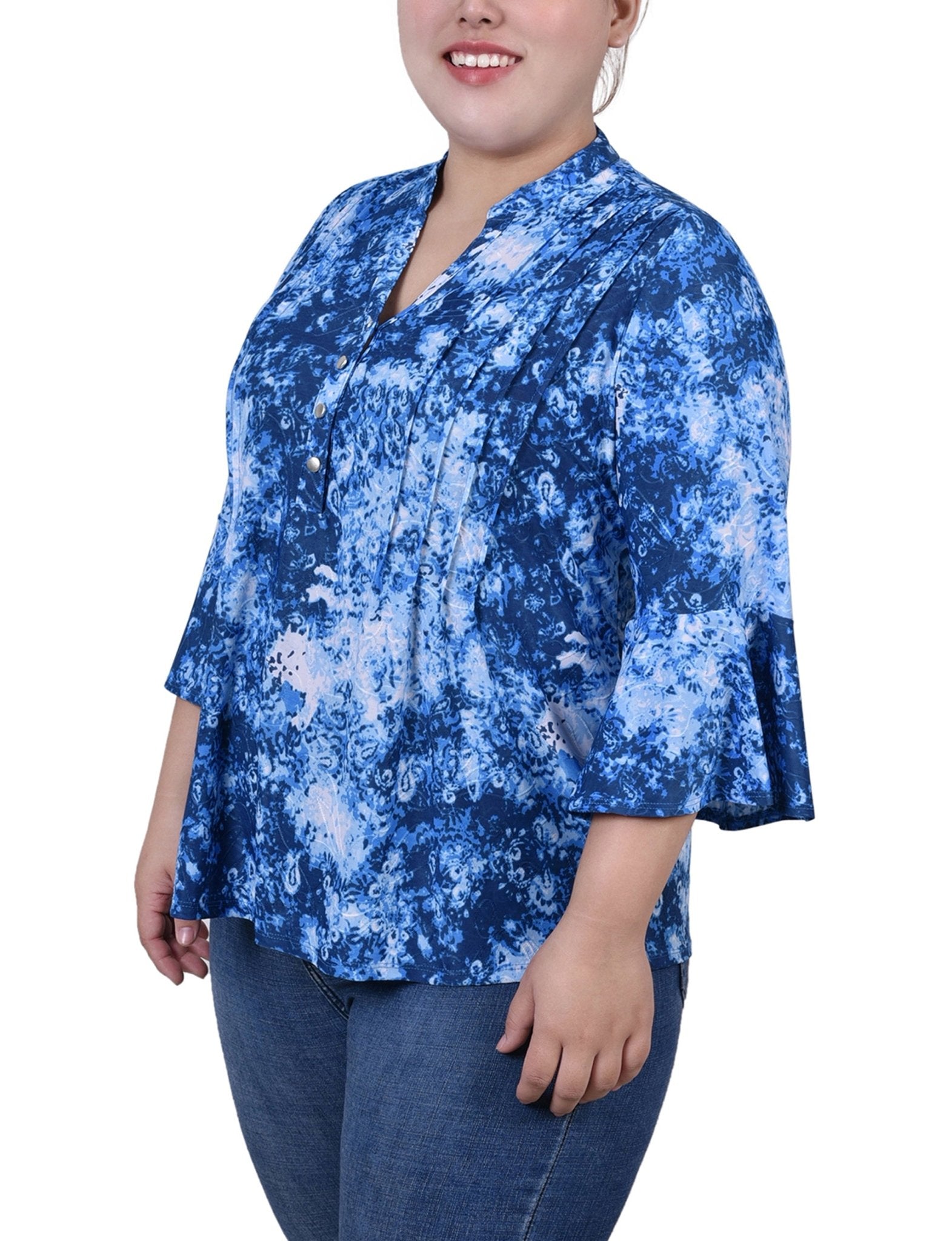 Blue Flower 3/4 Bell Sleeve Pleat Front Y Neck Top - Plus - DressbarnBlouses