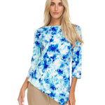 Blue / Ivory Tye Dye 3/4 Sleeeve Asymetrical Hem Top - DressbarnShirts & Blouses