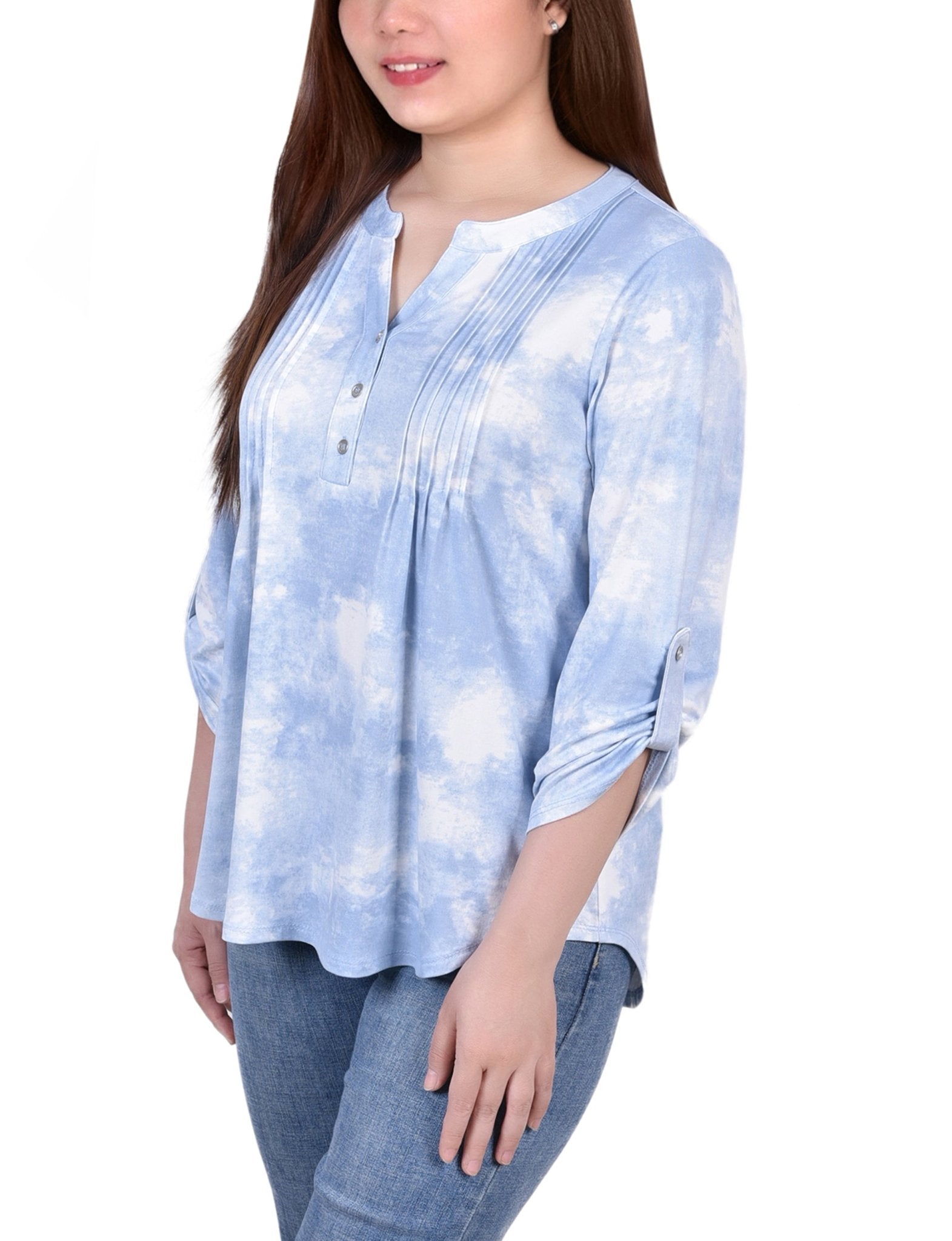 Blue Tie Dye 3/4 Bell Sleeve Pleat Front Y Neck Top - DressbarnBlouses