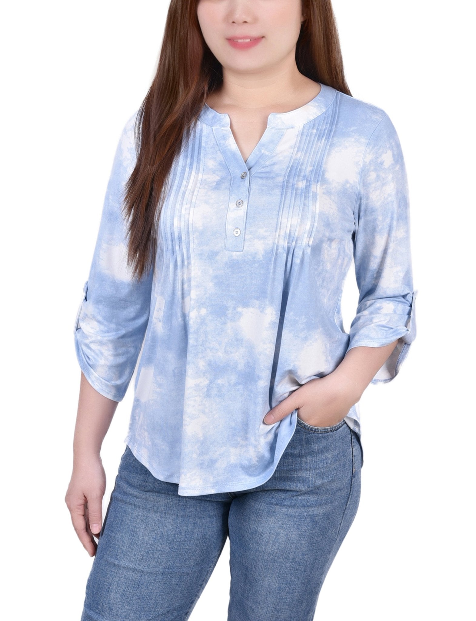 Blue Tie Dye 3/4 Bell Sleeve Pleat Front Y Neck Top - DressbarnBlouses