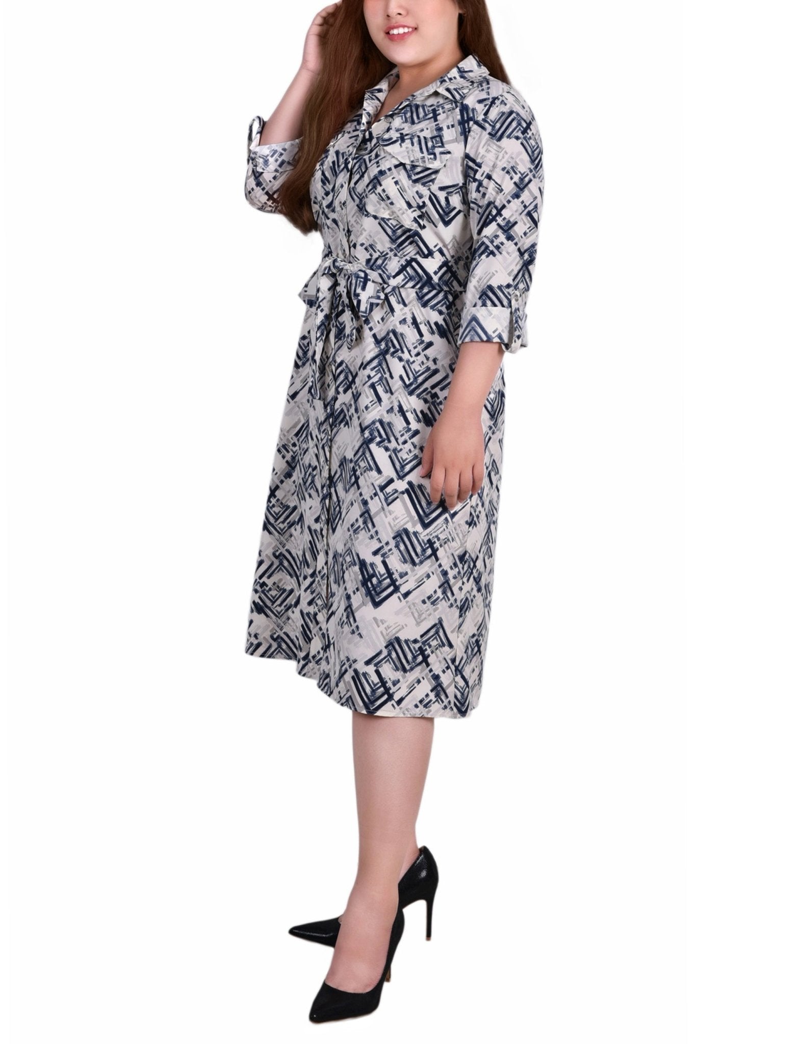 Blue White 3/4 Roll Tab Sleeve Belted Shirtdress - Plus Dressbarn Blue White 3/4 Roll Tab Sleeve Belted Shirtdress - Plus Dressbarn