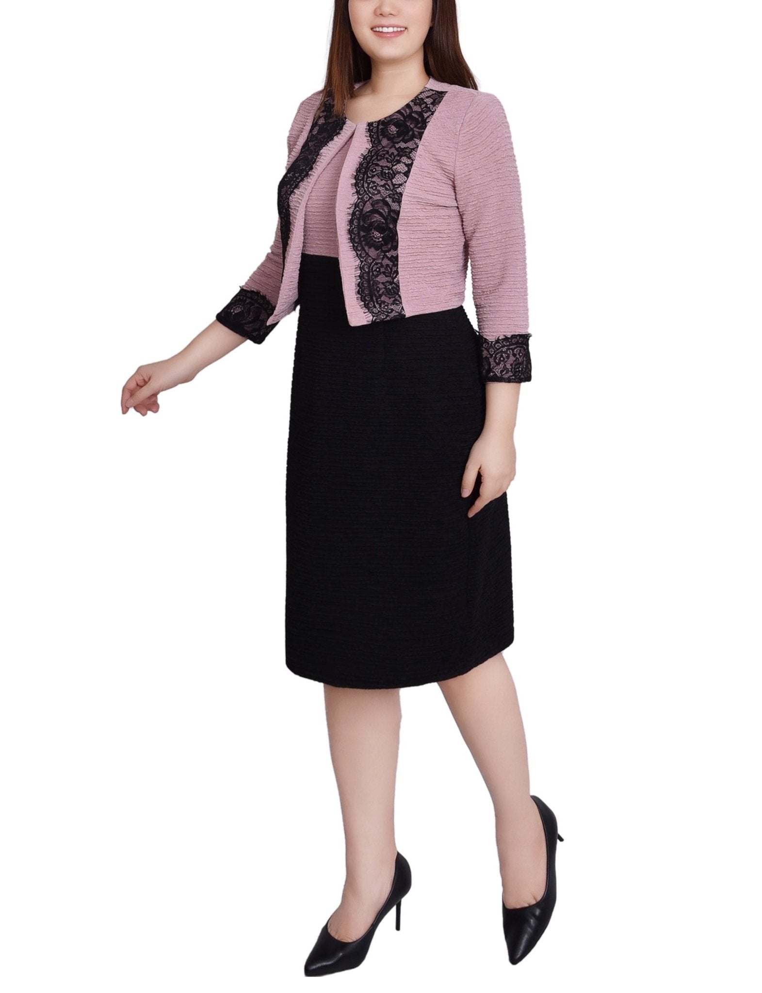 Petite Lace-Detail 2 Piece Textured Knit Dress Set Blush Black / 10P Petite Lace-Detail 2 Piece Textured Knit Dress Set Blush Black / 10P