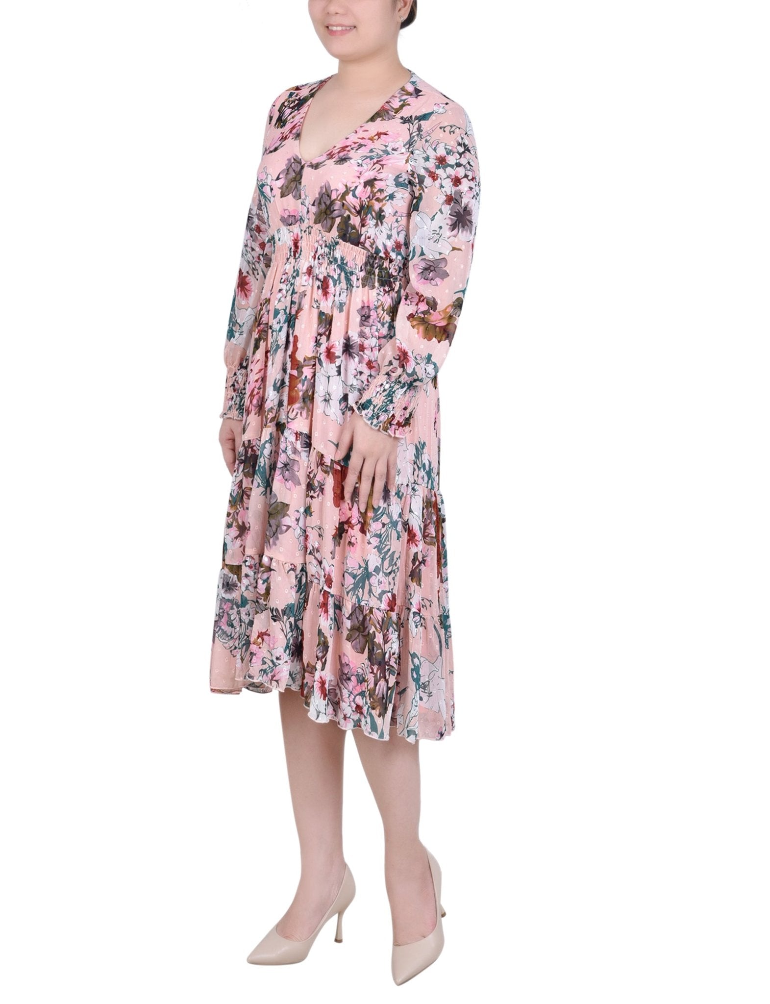 Blush Water Color Floral Long Sleeve Clip Dot Chiffon Dress With Smocked Waist and Cuffs - DressbarnKnee Length & Midi Dresses