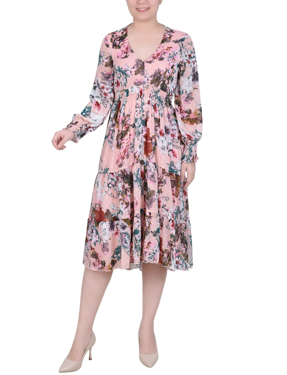 chiffon midi dress colors Long Sleeve Clip Dot With Smocked Waist and Cuffs Blush Water Color Floral / L Crafted for weddings Spring+ Summer Wedding Trends engtie3411 Type|cl:4-Drawer