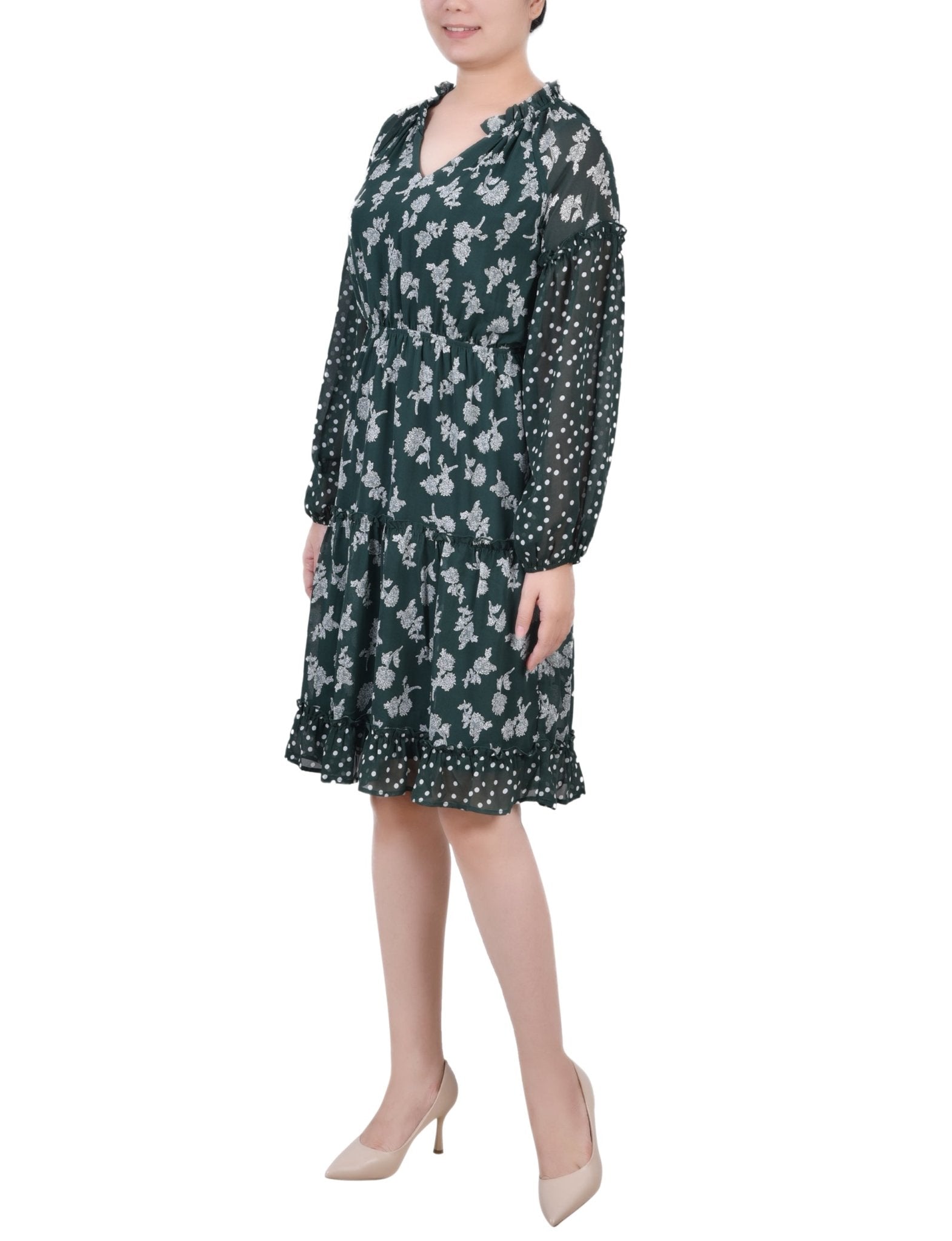 NY Collection Petite Long Sleeve Combo Chiffon Dress - Botanical Garden Floral Dot - P/L NY Collection Petite Long Sleeve Combo Chiffon Dress - Botanical Garden Floral Dot - P/L