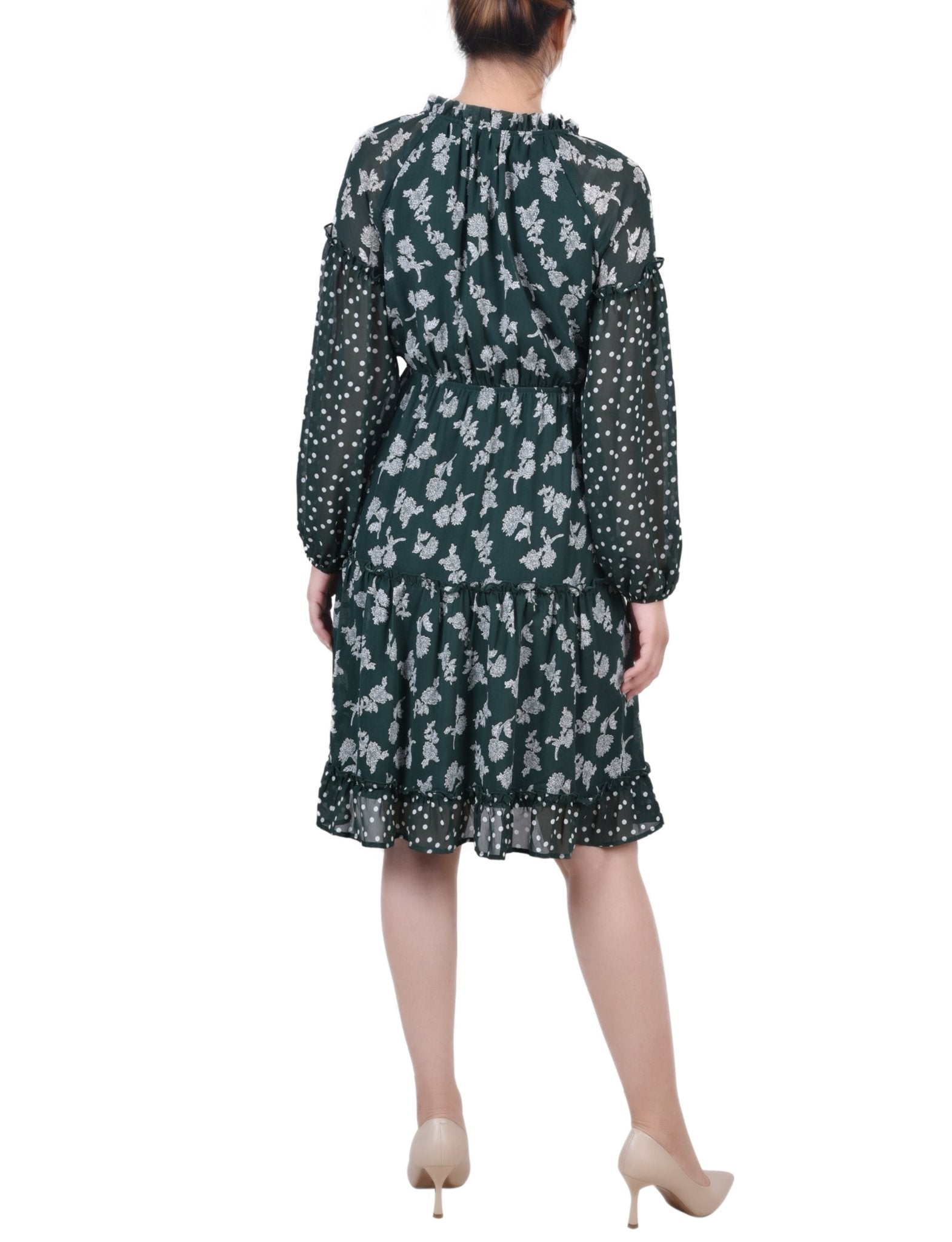 Botanical Garden Floral Dot Long Sleeve Combo Chiffon Dress - Petite Dressbarn Botanical Garden Floral Dot Long Sleeve Combo Chiffon Dress - Petite Dressbarn