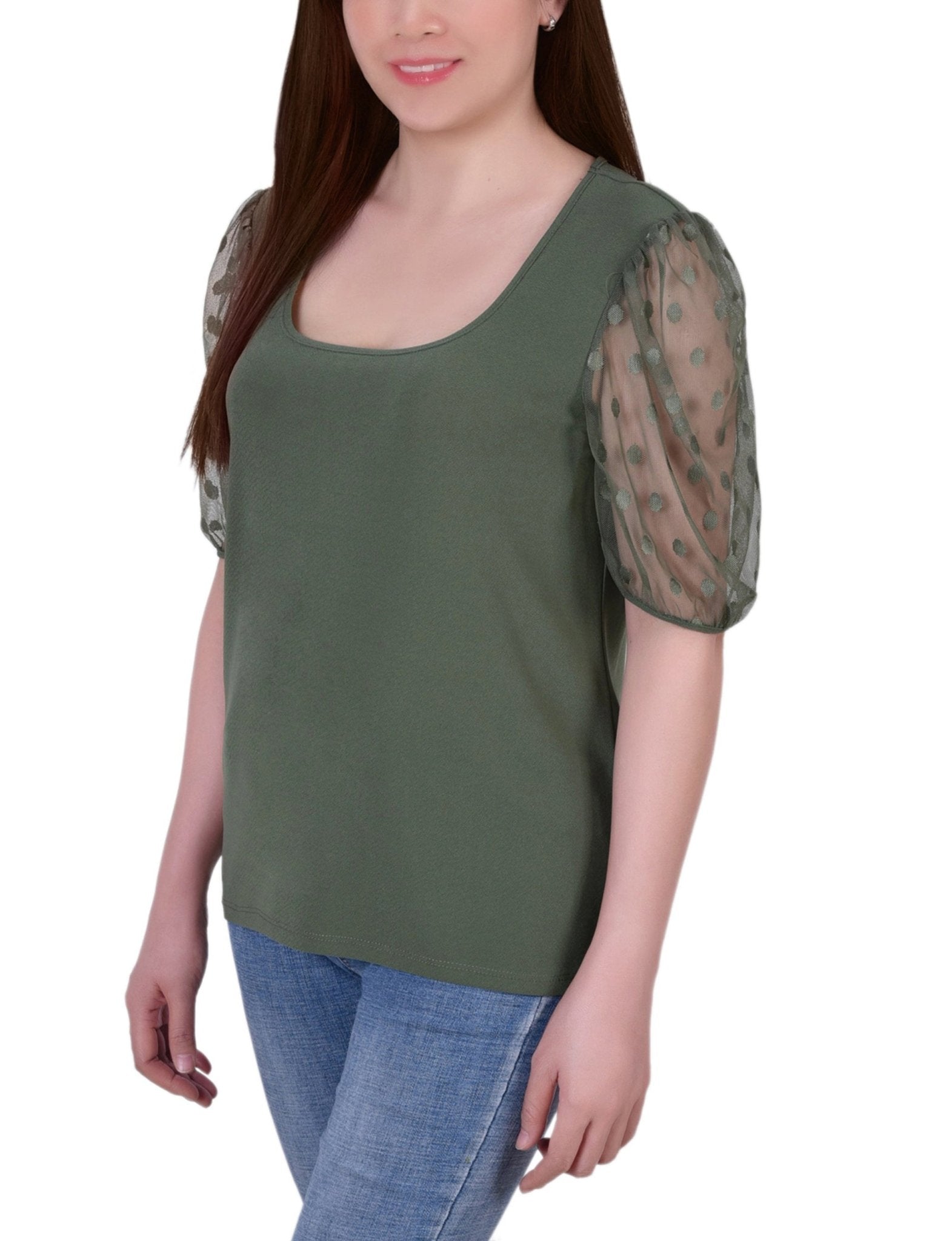 Bronze Green 3/4 Sleeve Blouse With Necklace - Petite - DressbarnBlouses