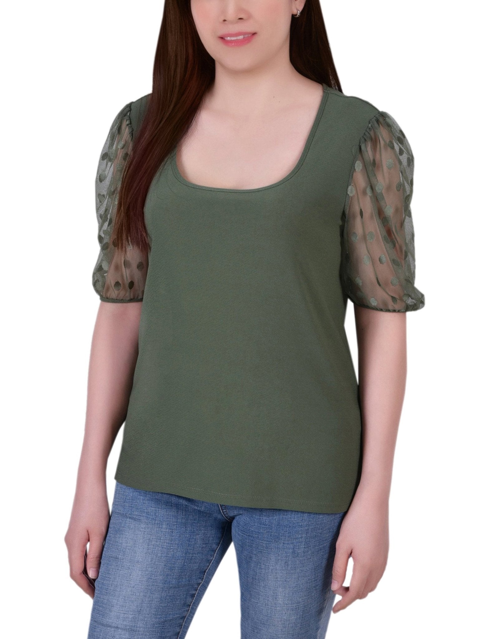 Bronze Green 3/4 Sleeve Blouse With Necklace - Petite - DressbarnBlouses