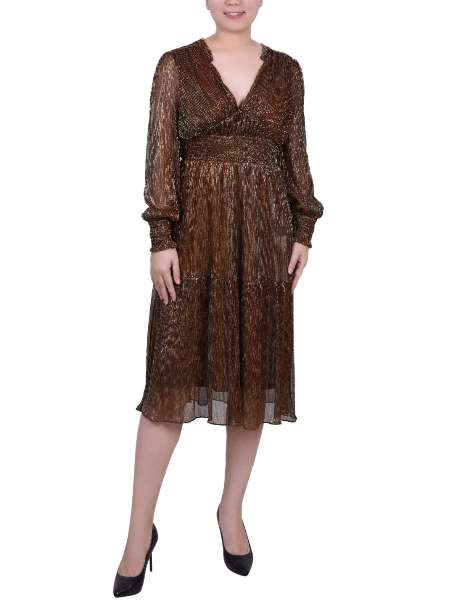 Bronze Long Sleeve Plisse Mesh Dress - DressbarnKnee Length & Midi Dresses