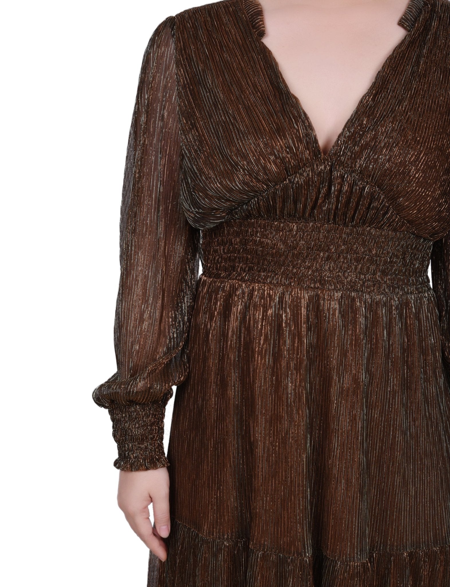 Ny Collection Long Sleeve Plisse Mesh Dress Bronze / S Ny Collection Long Sleeve Plisse Mesh Dress Bronze / S