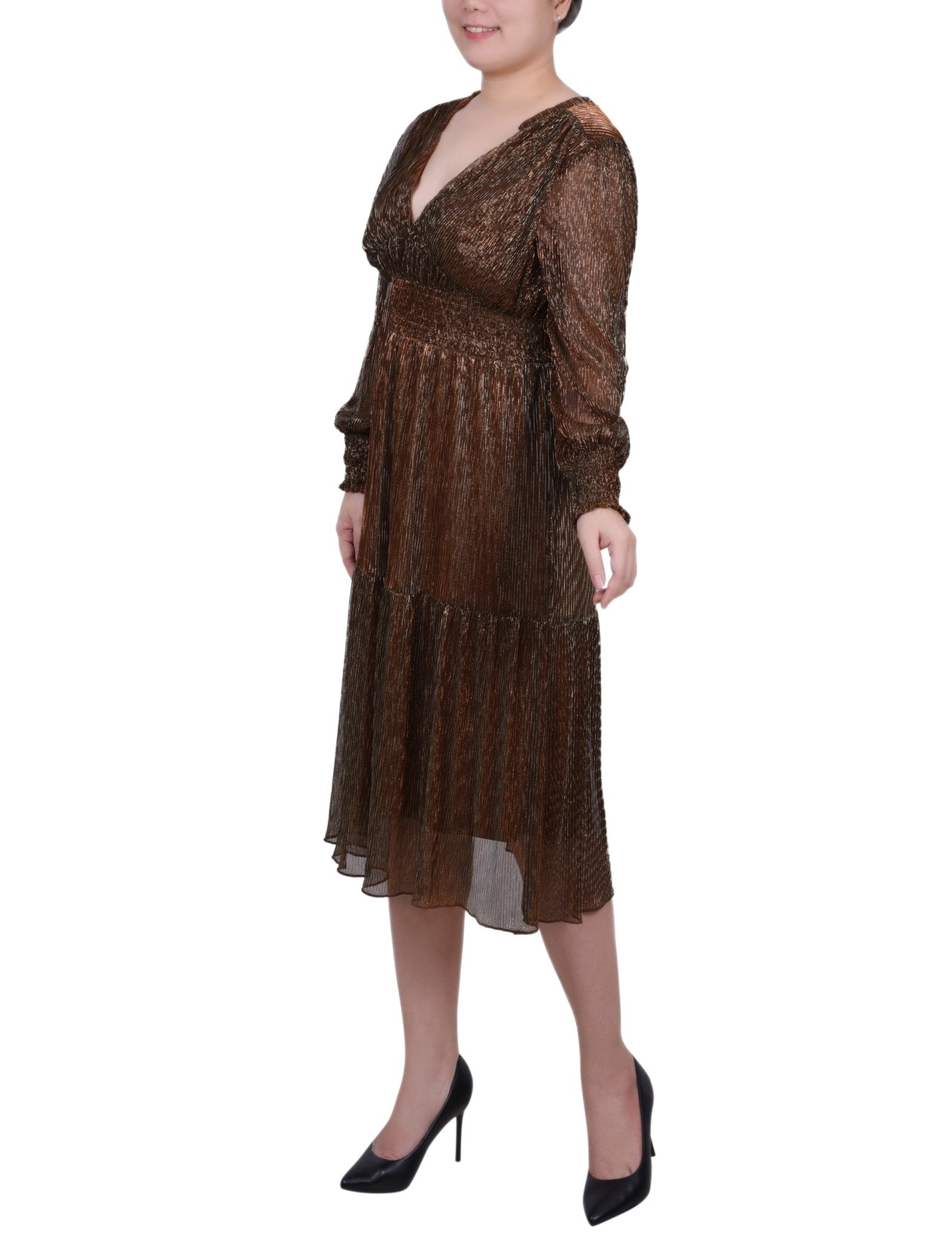 Bronze Long Sleeve Plisse Mesh Dress - DressbarnKnee Length & Midi Dresses