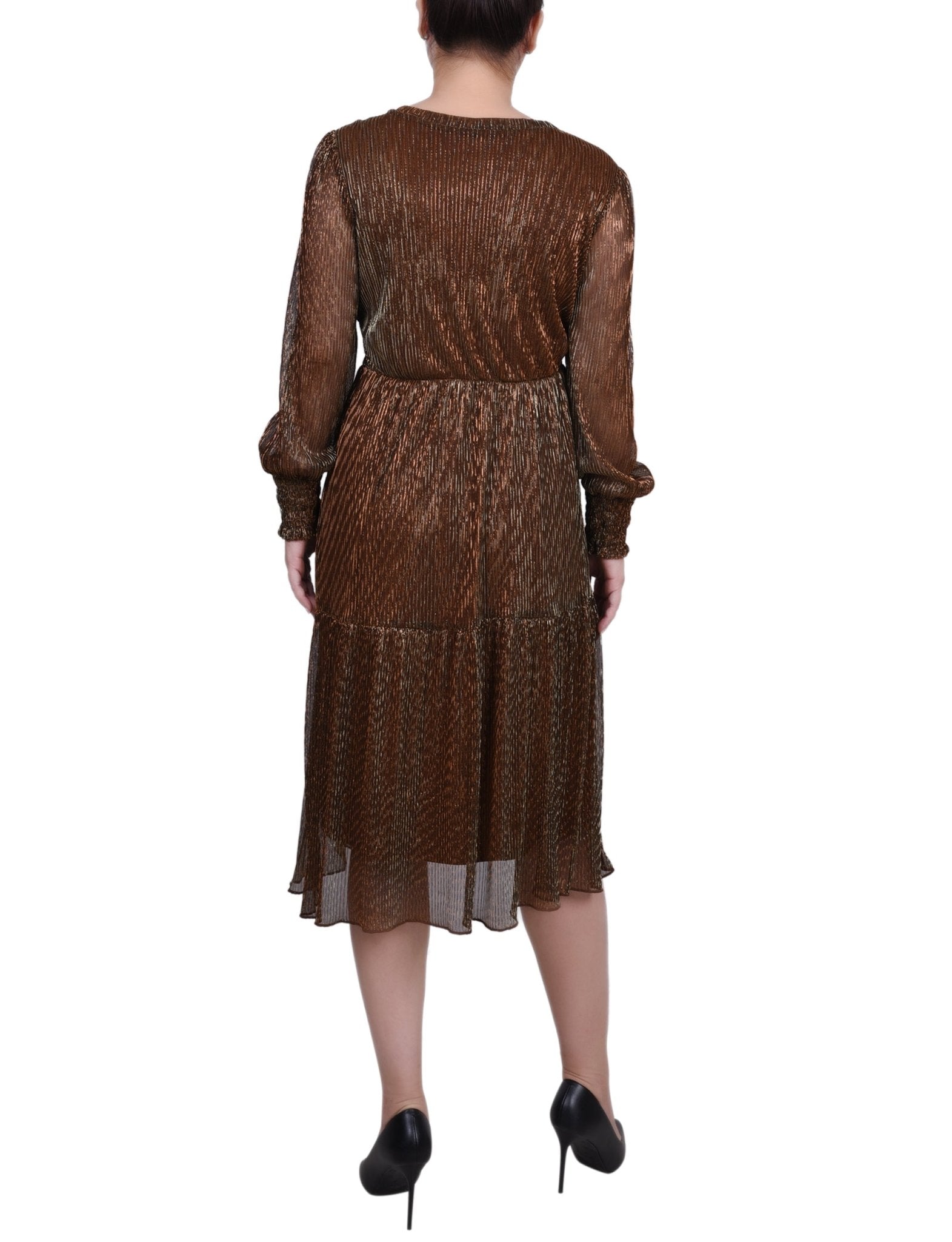 Ny Collection Long Sleeve Plisse Mesh Dress Bronze / S Ny Collection Long Sleeve Plisse Mesh Dress Bronze / S